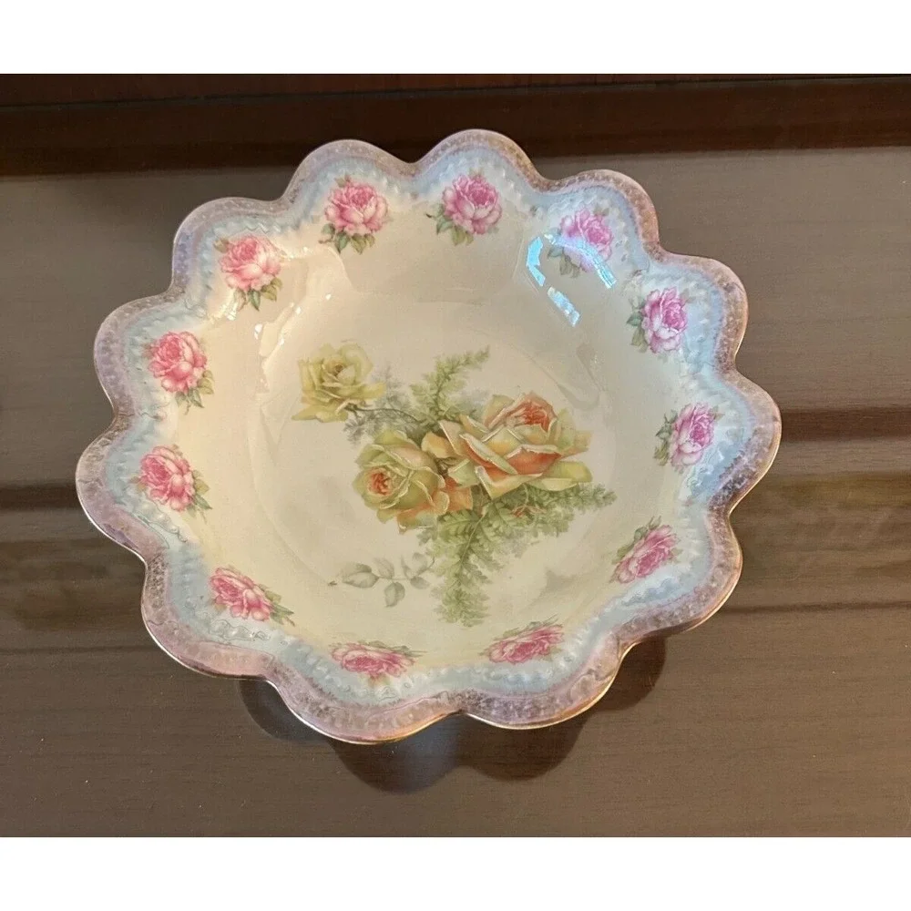 Antique Double Back Stamped MZ Austria & Habsburg BT Co. Floral Ruffle Bowl 11''
